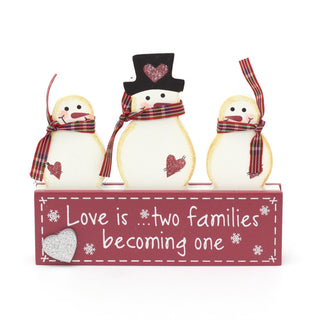 Snowman Family Wooden Free Standing Christmas Sign Block | Love Is... Two Families Becoming One Festive Plaque