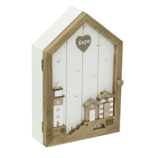 Shabby Chic Coastal Key Cabinet | Wall Mounted Wooden Seashore Key Box - 6 Hooks