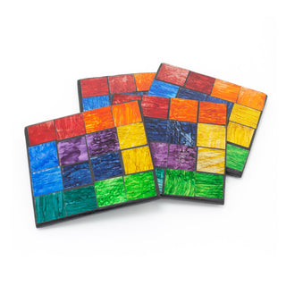 Rainbow Mosaic Set Of 4 Coasters And Holder | Square Coasters With Holder Cup Mug Table Mats | Handmade 4 Piece Drinks Coaster Set