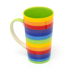 Hand Painted Rainbow Stripe Ceramic Tall Latte Coffee Mug | Large Multi Coloured Tea Cup | Stripped Hot Drinks Mug Coffee Cup