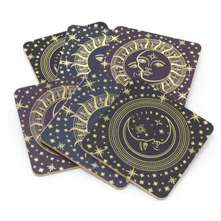 6 Piece Sun & Moon Coasters | Celestial Square Wooden Mats for Drinks Cups Mugs