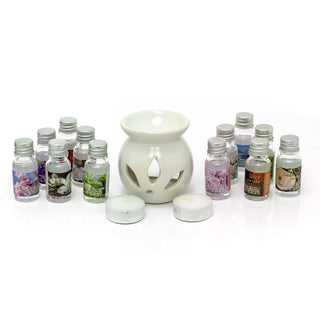 15 Piece Ceramic Tea Light Essential Oil Burner Gift Set | 12 Fragrance Oils 10ml Oil Burner 2 Tealight Candles | Tealight Holder Oil Burner With Tealights And Fragrance Oils ~ Aromatherapy Gift