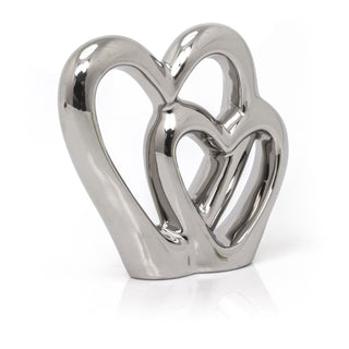 15cm Elegant Silver Heart Ornament Decoration | Ceramic Silver Double Heart Sculpture | Dual Love Heart Ornament Valentines Anniversary Wedding Gifts