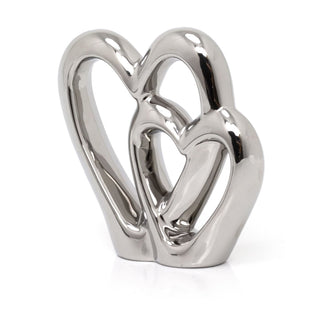 15cm Elegant Silver Heart Ornament Decoration | Ceramic Silver Double Heart Sculpture | Dual Love Heart Ornament Valentines Anniversary Wedding Gifts