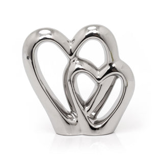 15cm Elegant Silver Heart Ornament Decoration | Ceramic Silver Double Heart Sculpture | Dual Love Heart Ornament Valentines Anniversary Wedding Gifts