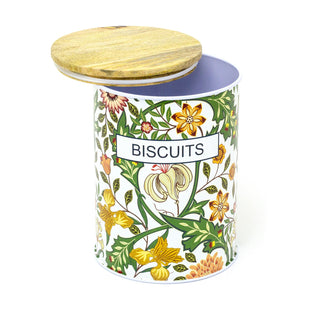 Retro Style Floral Airtight Biscuit Tin With Lid | Botanical Biscuit Barrel With Wooden Lid Metal Cookie Jar | Round Vintage Biscuit Storage Canister With Lid