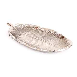Stylish Silver Metal Feather Trinket Dish | Display Plate Vanity Tray | Ring Holder Jewellery Plate
