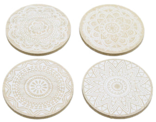 Set of 4 Geometric Mandala Flower Style Boho Wooden Drinks Coasters