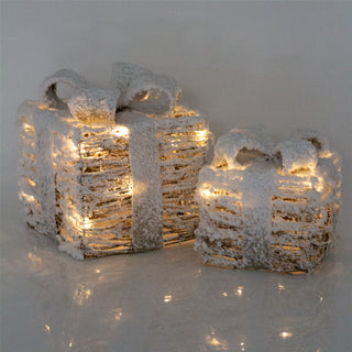 Set Of 2 LED Light Up Christmas Gift Boxes | 2 Piece Rattan Snow Topped Light Up Xmas Boxes | LED Christmas Parcels Christmas Decorations