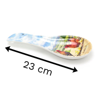 23cm Cockerel & Hen Spoon Holder | Melamine Country Farm Kitchen Utensil Rest | Countryside Cooking Ladle Spatula Holder