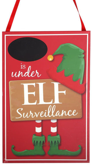 Hanging Wooden Elf Surveillance Plaque Christmas Sign - Red