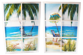 6 Pane Window Art Wooden Framed Palm Tree Hammock Parasol Beach Scene Wall Print 90cm x 60cm ~ Design Vary