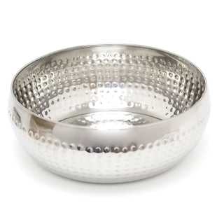 24cm Stylish Silver Metal Kitchen Fruit Bowl | Round Stainless Steel Display Dish With Hammered Detail | Snack Bowl
