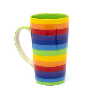 Hand Painted Rainbow Stripe Ceramic Tall Latte Coffee Mug | Large Multi Coloured Tea Cup | Stripped Hot Drinks Mug Coffee Cup