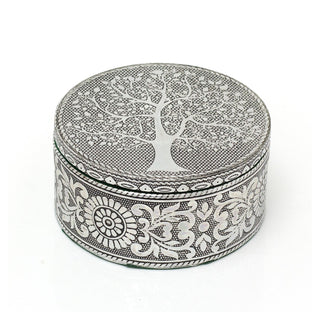 Silver Metal Tree Of Life Trinket Box | Handcrafted Aluminium Round Jewellery Box Vanity Tray | Silver Embossed Keepsake Box Tree Of Life Gifts