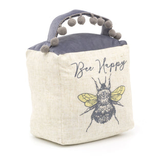 Bee Happy Cube Fabric Bee Doorstop | Honey Bee Pom Pom Doorstopper | Square Bee Door Stop With Handle