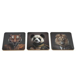 Set of 6 Jungle Animal Head Coasters | Safari Cork Backed Coaster Set - 10cm