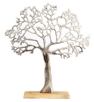 Silver Metal Tree Decorative Ornament On Wooden Base - Large