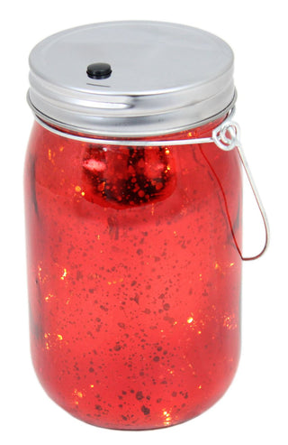 Mercury Glass Light Up LED Mason Jar Christmas Lantern With Handle ~ Red