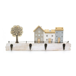 34cm Shabby Chic House Design Wall Mounted Hanger Hooks | Street Scene Wooden Hanger Rack | Decorative 4 Peg Hooks