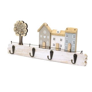 34cm Shabby Chic House Design Wall Mounted Hanger Hooks | Street Scene Wooden Hanger Rack | Decorative 4 Peg Hooks