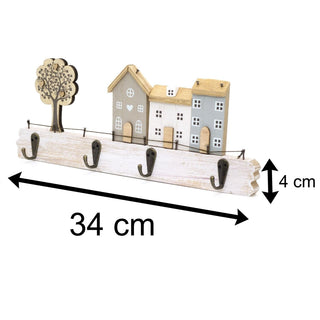 34cm Shabby Chic House Design Wall Mounted Hanger Hooks | Street Scene Wooden Hanger Rack | Decorative 4 Peg Hooks