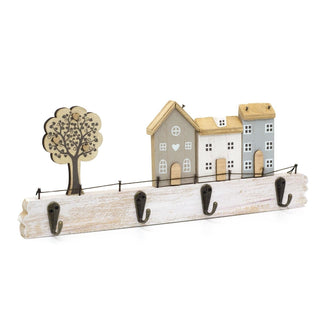 34cm Shabby Chic House Design Wall Mounted Hanger Hooks | Street Scene Wooden Hanger Rack | Decorative 4 Peg Hooks