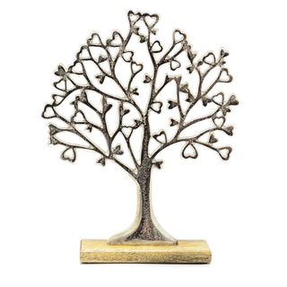 Medium Elegant Silver Metal Tree Of Love Ornament On Mango Wood Base - 34cm
