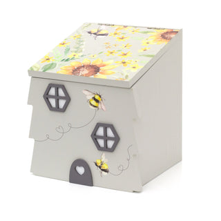 Pretty Beehive Storage Box | Grey Wooden Bee House Caddy | Decorative Bee Hive Storage Box