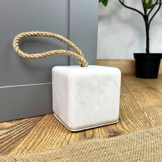 3kg Square White Marble Doorstop with Handle | Heavy Duty Cube Door Stop for Floor - 10cm