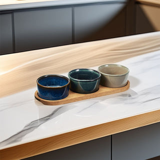 4 - Piece Ceramic Bowl Set with Acacia Tray | Snack & Dip Platter for Parties