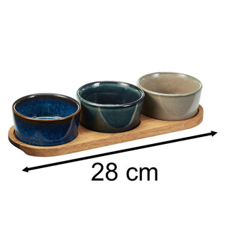 4 - Piece Ceramic Bowl Set with Acacia Tray | Snack & Dip Platter for Parties