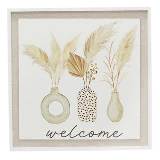 40cm White Wooden Welcome Sign House Plaque | Botanical Pampas Grass Large Decorative Welcome Plaque | Shabby Chic Home Accessories