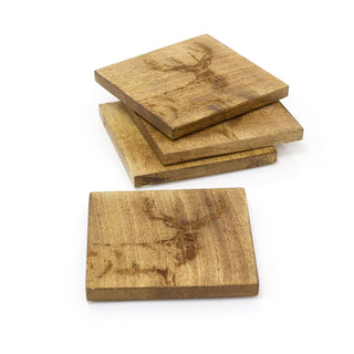 Set Of 4 Mango Wood Majestic Stag Coasters | 4 Piece Rustic Deer Coasters With Holder Cup Mug Table Mats | Wooden Square Drinks Coaster Set