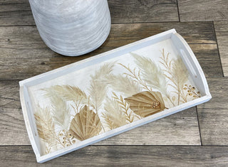 Botanical Pampas Grass Serving Tray Display Tray| White Wooden Tray With Handles Drinks Tray | Kitchen Tea Coffee Tray Snack Trays - 38cm