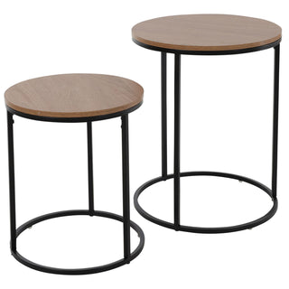 Set Of 2 Round Black Metal Wooden Top Nesting Tables | Side Tables For Living Room Occasional Pedestal End Table Nest | Contemporary 2 Piece Nest Of Tables