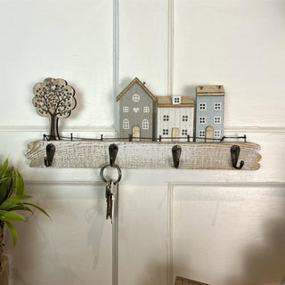 34cm Shabby Chic House Design Wall Mounted Hanger Hooks | Street Scene Wooden Hanger Rack | Decorative 4 Peg Hooks
