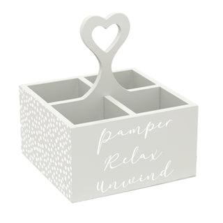 Shabby Chic Pamper Storage Crate | Grey Wooden Bathroom Caddy | Polka Dot And Heart Beauty Box Crate