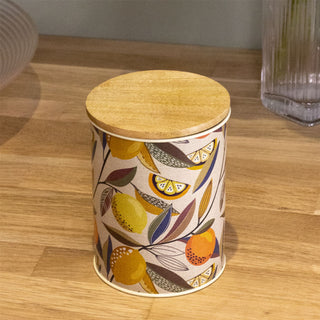 Citrus Zest Canister Airtight Kitchen Caddy With Wooden Lid Storage Tin - Cream
