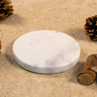 Set Of 4 White Marble Coasters | 4 Piece Round Natural Stone Marble Coaster Set