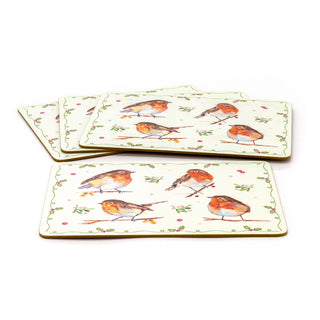Set Of 4 Winter Robins & Holly Table Placemats | 4 Piece Festive Robins And Mistletoe Cork Dining Table Mats | Christmas Placemat