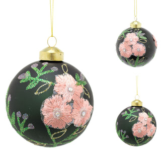 8cm Embroidered Floral Christmas Bauble | Green Glitter Christmas Ball Tree Decorations | Xmas Bauble Christmas Decor - Design Varies One Supplied