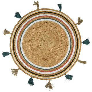 90cm Round Woven Multicoloured Area Rug Braided Jute Rug | Entrance Rug Circle Boho Tassel Scatter Rug | Woven Braided Area Rugs Bohemian Rug Rainbow Rug