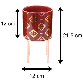 12cm Kasbah Planter Cache Pot | Indoor Ceramic Cache Plant Pot With Stand | Decorative Cachepot Planter - Red