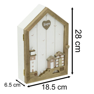 Shabby Chic Coastal Key Cabinet | Wall Mounted Wooden Seashore Key Box - 6 Hooks