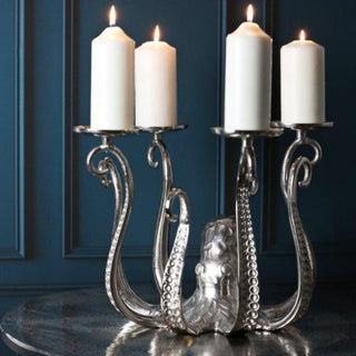 Unique Extra Large Octopus Candle Holder | Silver Metal Octopus Candelabra | Octopus Candlestick 4 Pillar Candle Holder