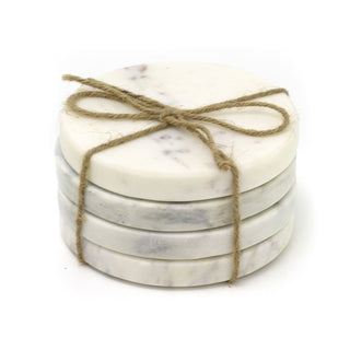 Set Of 4 White Marble Coasters | 4 Piece Round Natural Stone Marble Coaster Set
