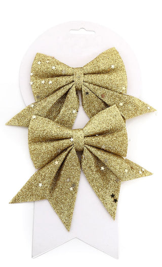 Pack of 2 Gold Glitter Present Bow Decorations - Christmas Tree Bows