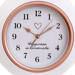 White And Rose Gold Teapot Shaped Kitchen Clock | Modern Wall Mounted Analogue Kettle Wall Clock | 'Happiness Is Homemade' - 28cm