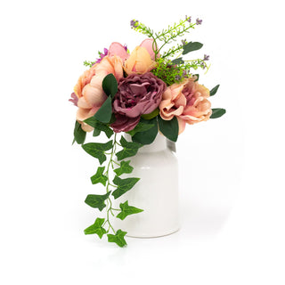 Faux Dusky Peonies & Blooms in White Ceramic Vase | Artificial Bouquet and Vase